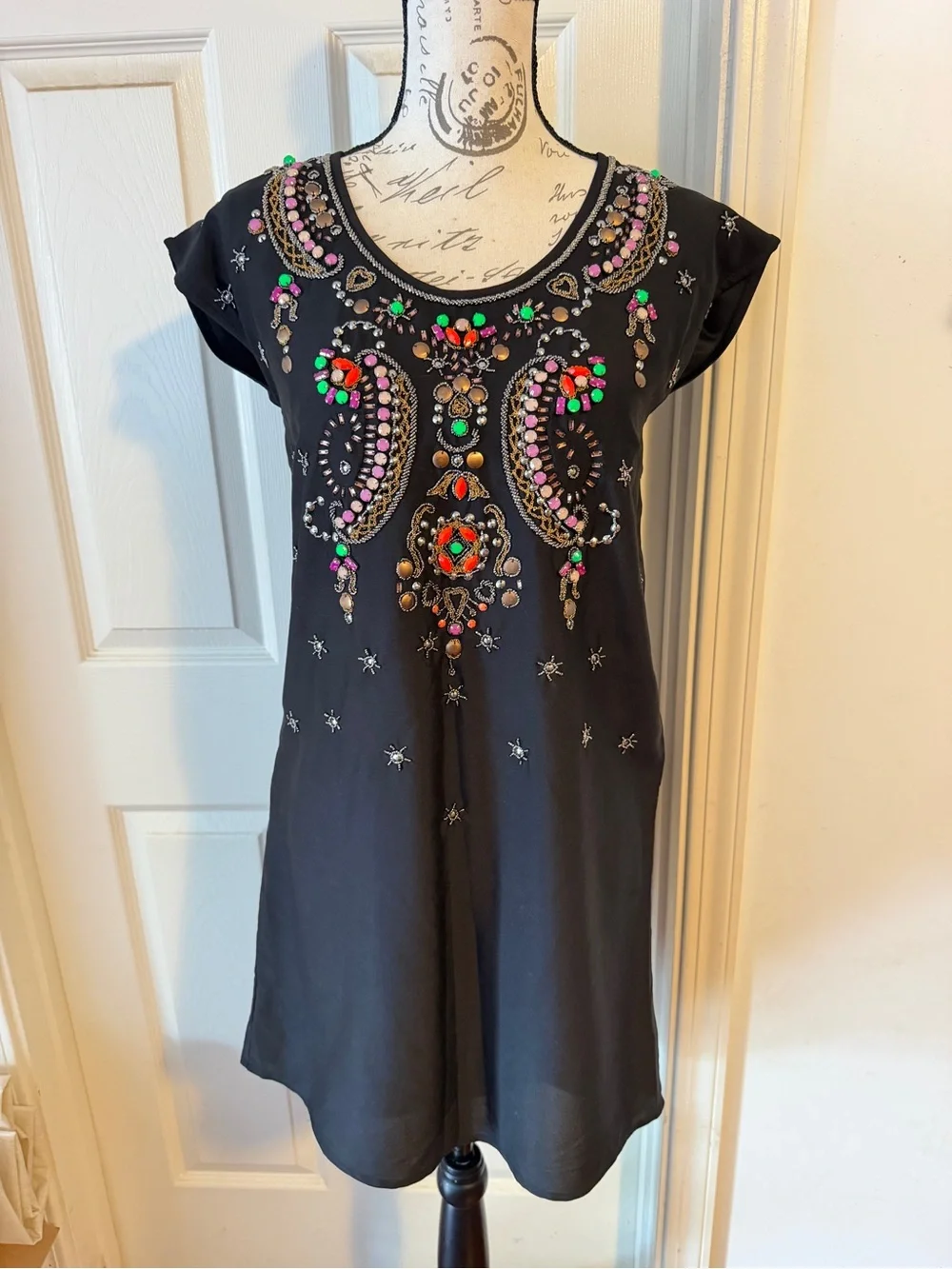 Anthropologie Black Mini Dress with Multicolor Beaded Embellishment